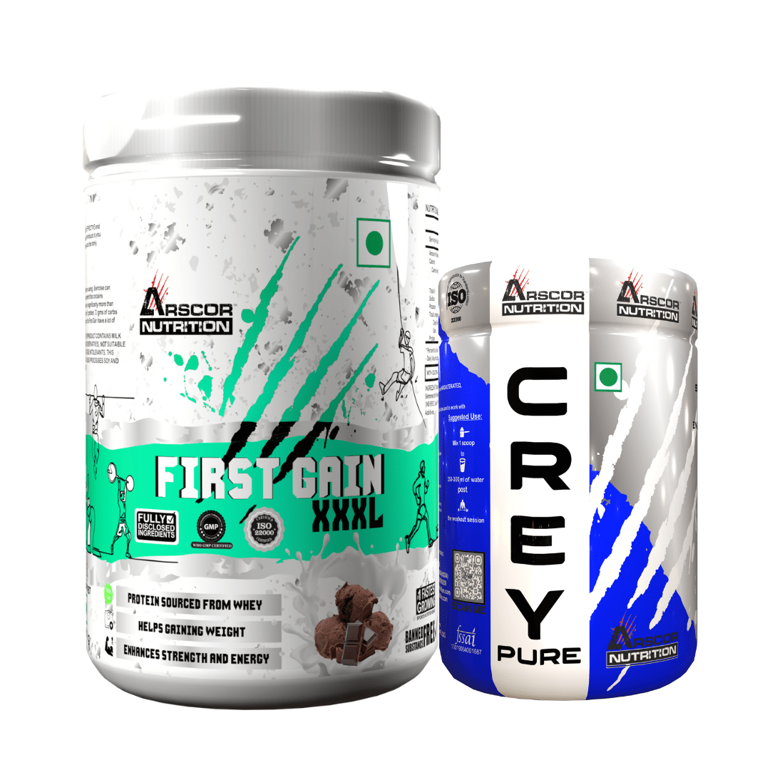 Mass Gaining Combo 3: First Gain 1kg Mass Gainer with Whey + CreyPure Creatine 300g for Healthy Weight, Muscle & Strength Gain - Arscor Nutrition -